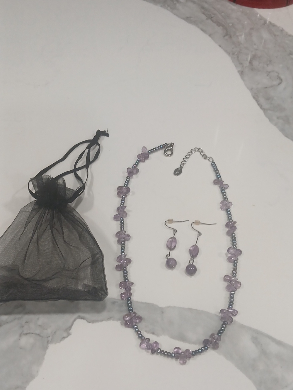 Handcrafted Light Purple Beaded Necklace and Earring Set